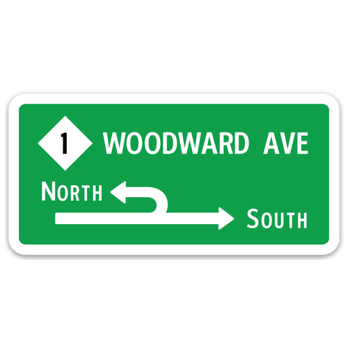 4" die cut decal made from durable vinyl with printed Woodward Avenue Interstate Sign graphic.