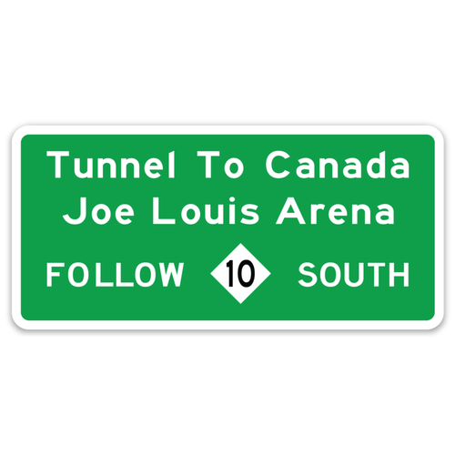 4" die cut decal made from durable vinyl with printed Joe Louis Arena Interstate Sign graphic.