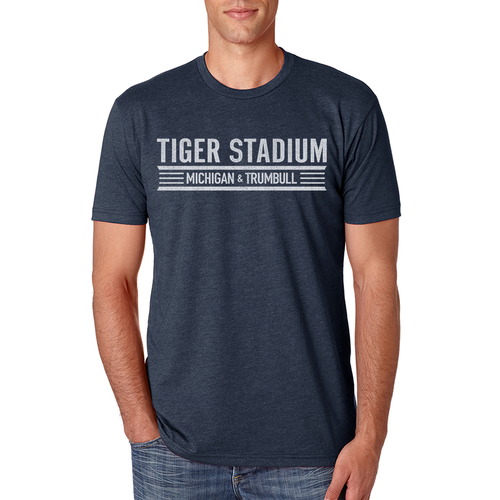 Short sleeve crew neck t-shirt with a slightly heathered soft material made from 60% cotton and 40% polyester. Printed Tiger Stadium inspired Michigan and Trumbull graphic on center chest.