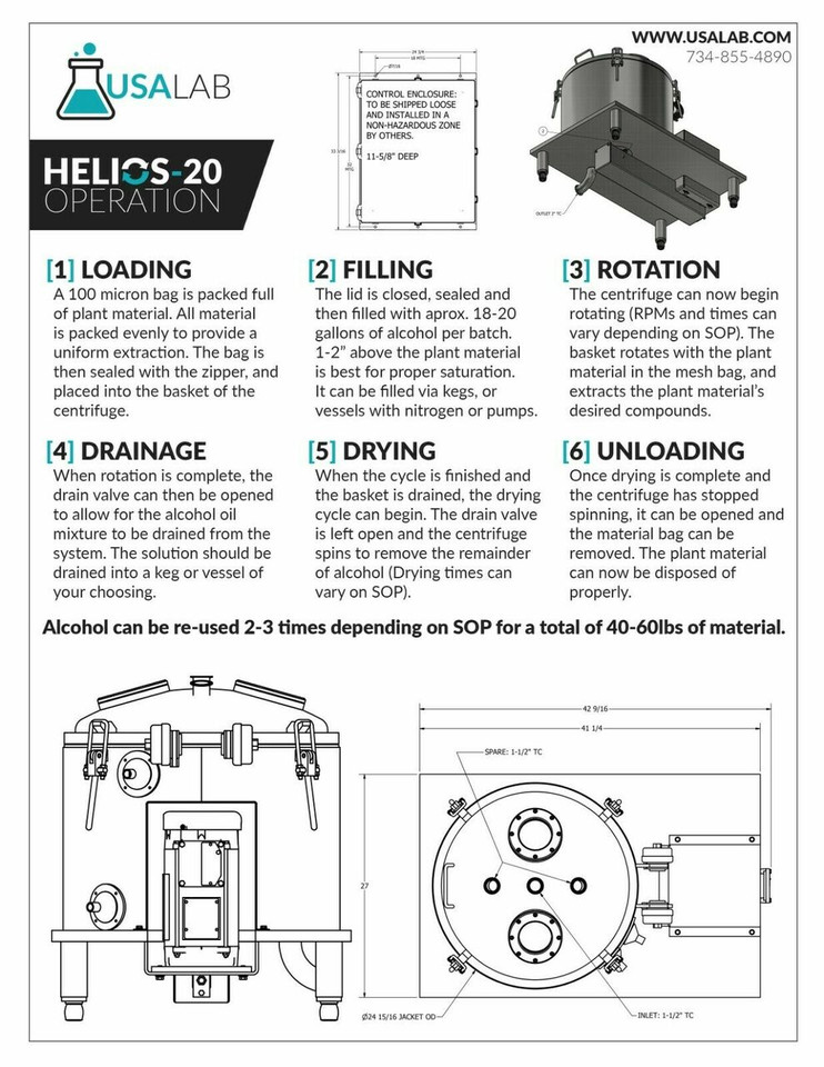 USA Lab 20L Helios-20 Jacketed SS304 Ethanol Centrifuge - USA Made - C1D1 &2 -UL