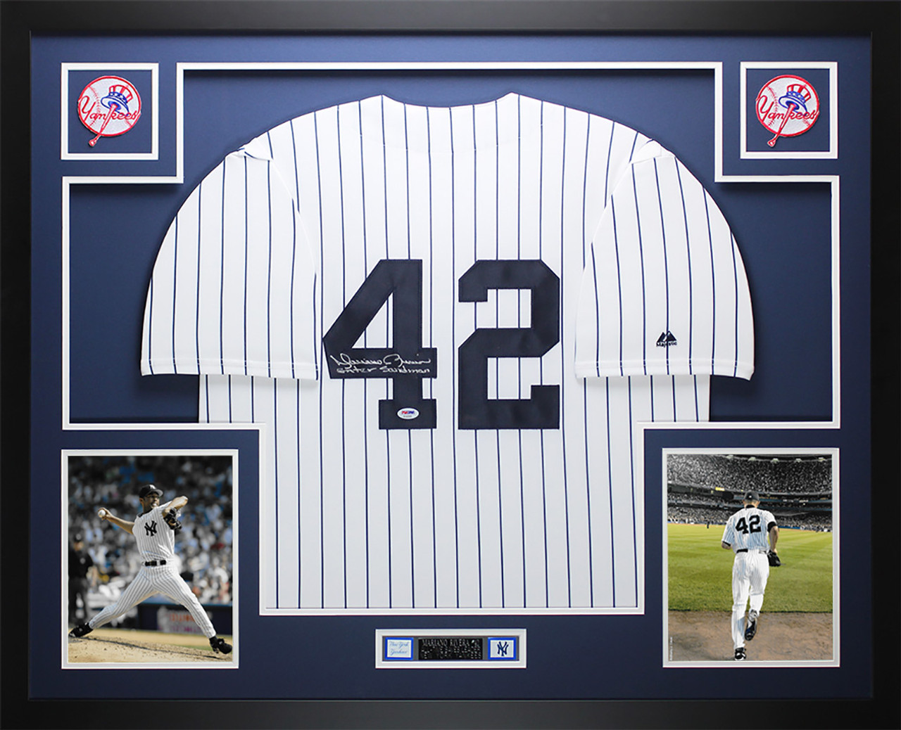 Mariano Rivera Autographed Sandman and Framed White Yankees Jersey