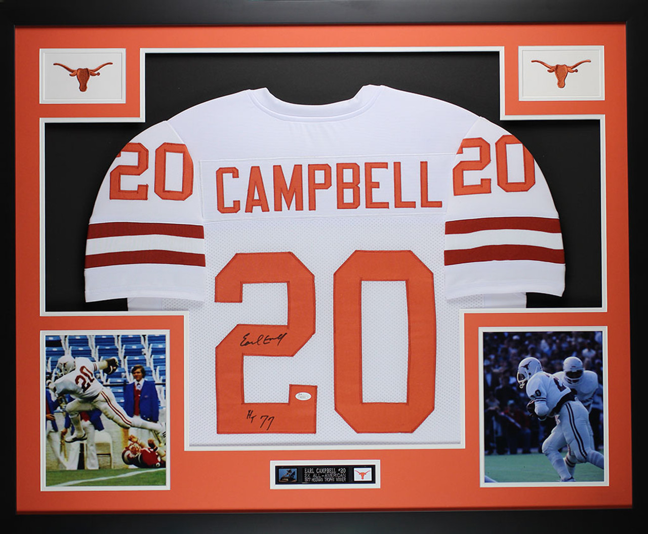 Earl Campbell Autographed HT 77 & Framed White Texas Longhorns Jersey JSA COA