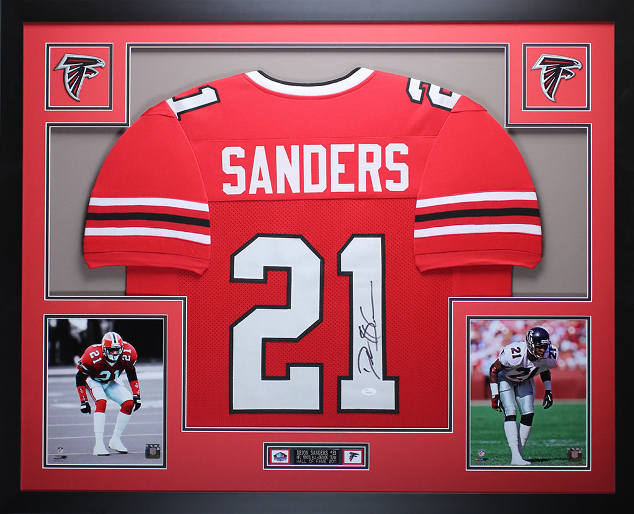 Deion Sanders Autographed and Framed Red Falcons Jersey