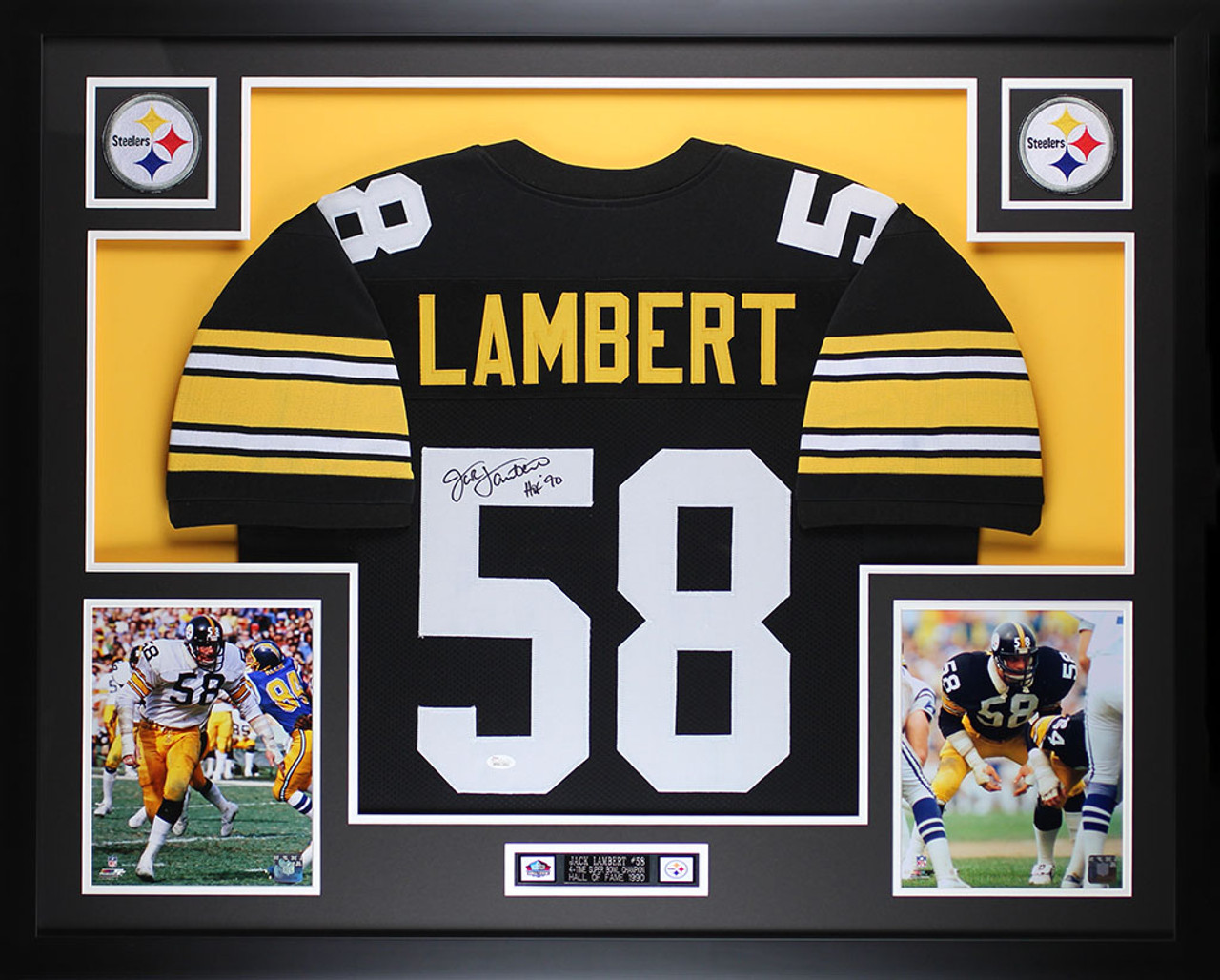 Jack Lambert Autographed 'HOF 90' and Framed Black Steelers Jersey
