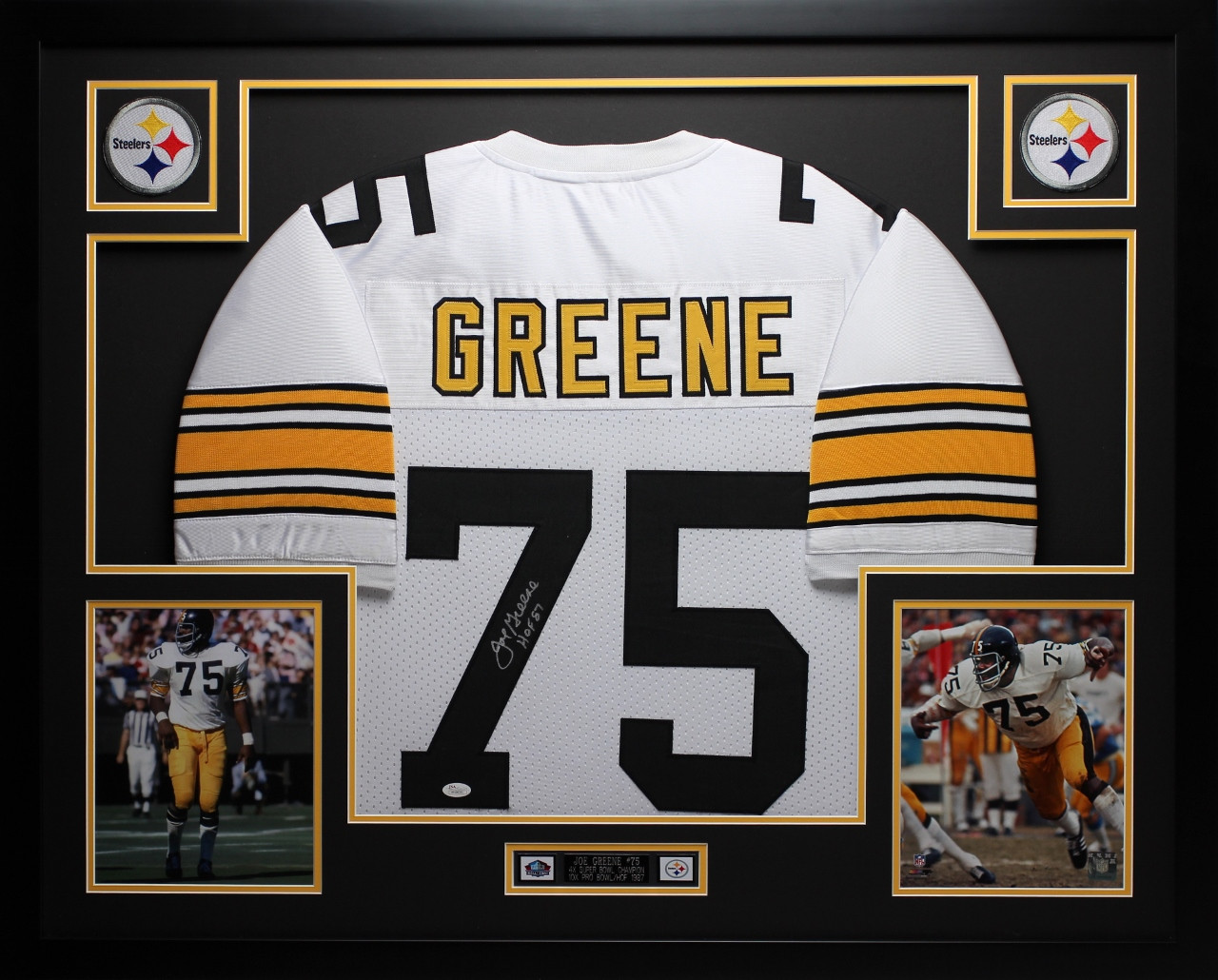 Joe Greene Autographed HOF 87 and Framed White Pittsburgh Steelers Jersey  Auto JSA Certified