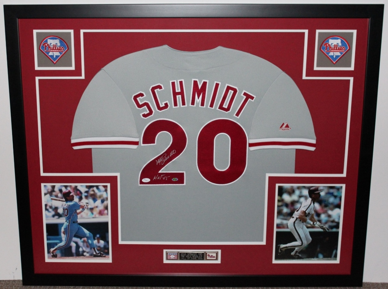 Mike Schmidt Autographed HOF 95 and Framed Gray Phillies Jersey