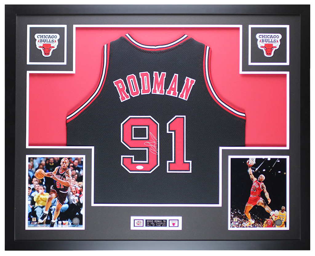 Dennis Rodman Autographed and Framed Black Bulls Jersey