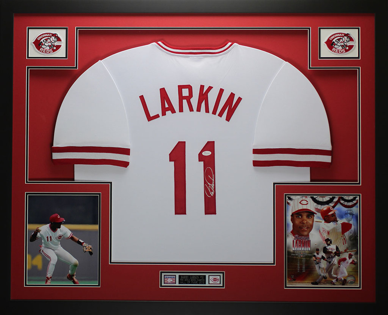 Barry Larkin Autographed & Framed White Reds Jersey Auto JSA COA D2-S