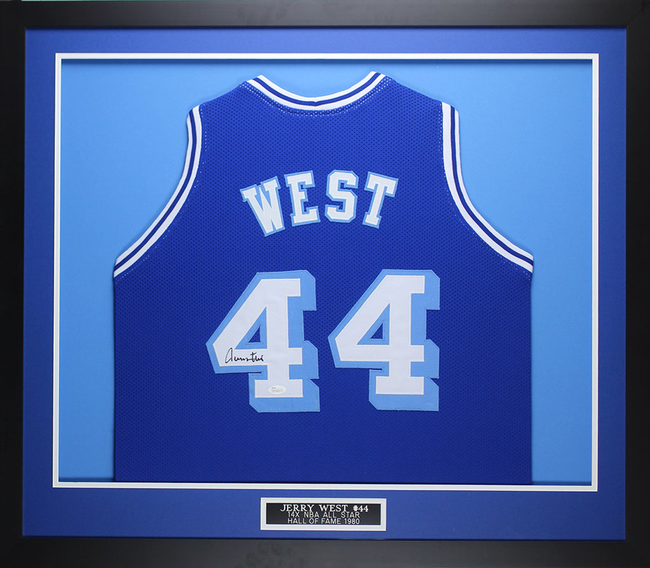 Jerry West Autographed & Framed Blue Throwback Lakers Jersey