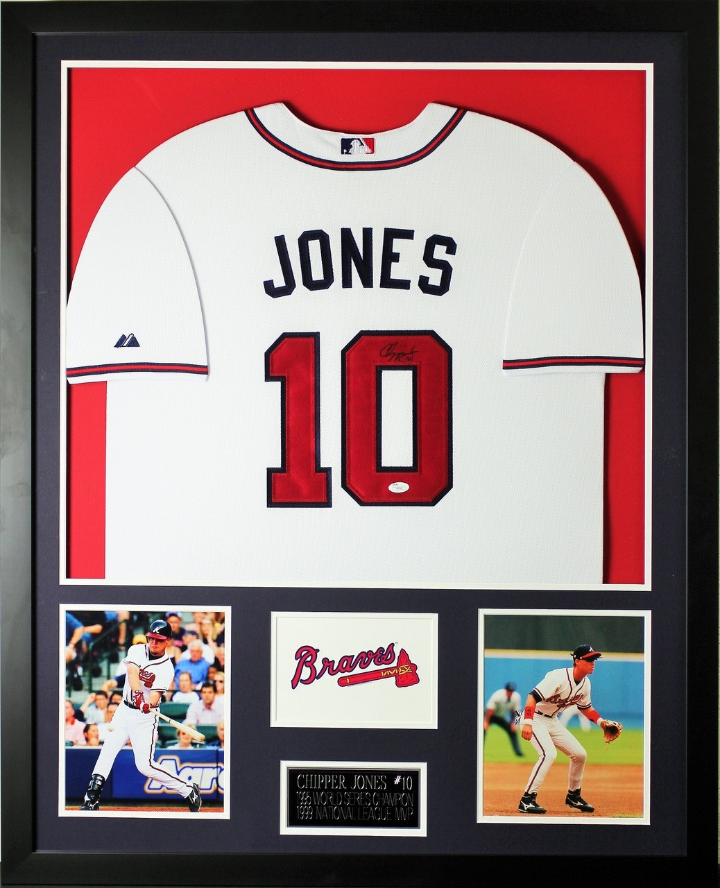 Chipper Jones Autographed and Framed White Braves Jersey Auto JSA COA