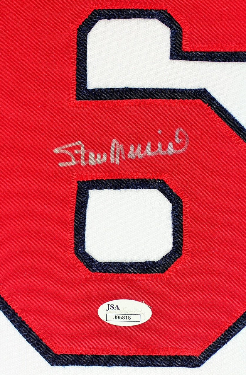 Stan Musial Autographed and Framed White Cardinals Jersey Auto JSA COA  (D4-L)