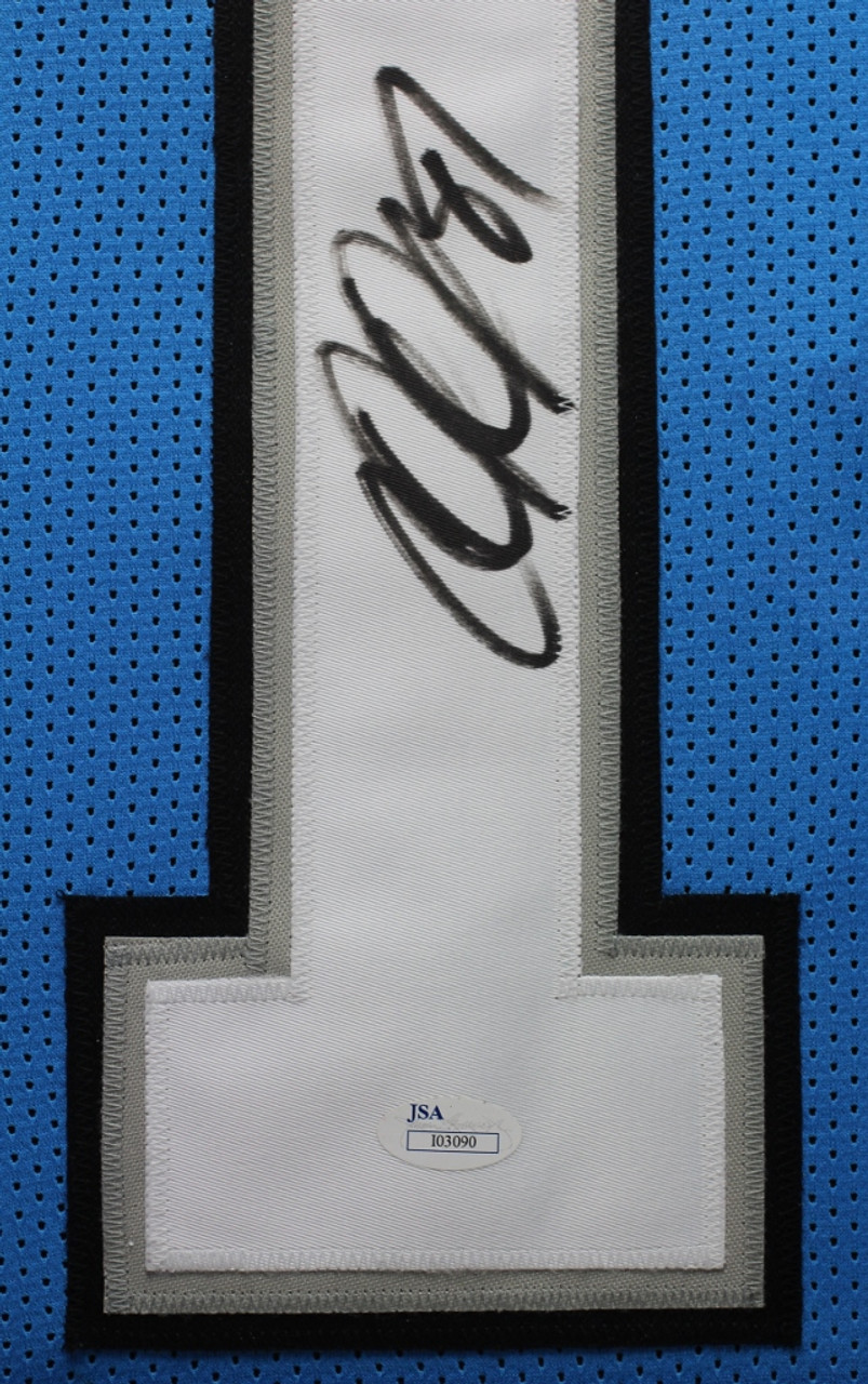 Calvin Johnson Autographed & Framed Blue Detroit Jersey Auto JSA COA