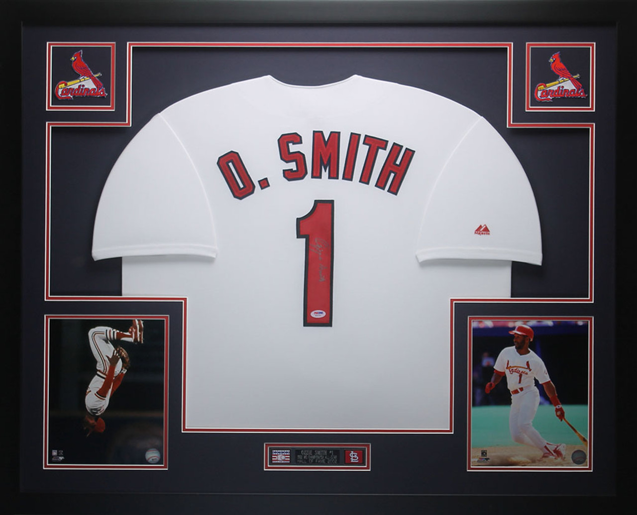 Ozzie Smith Autographed and Framed White Cardinals Jersey