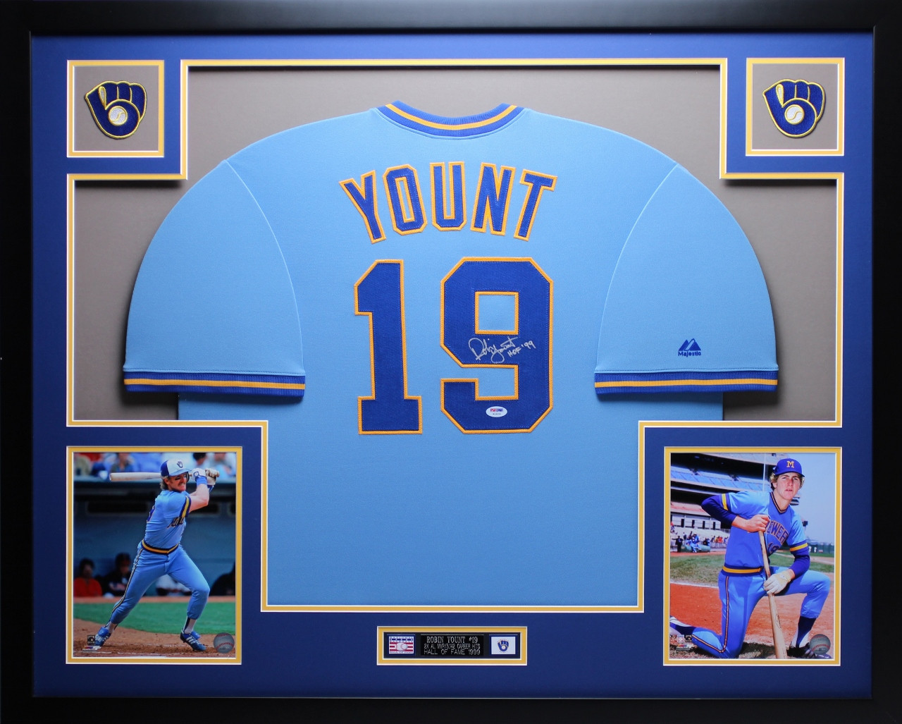 Robin Yount Autographed HOF 99 and Framed Blue Brewers Jersey Auto PSA COA