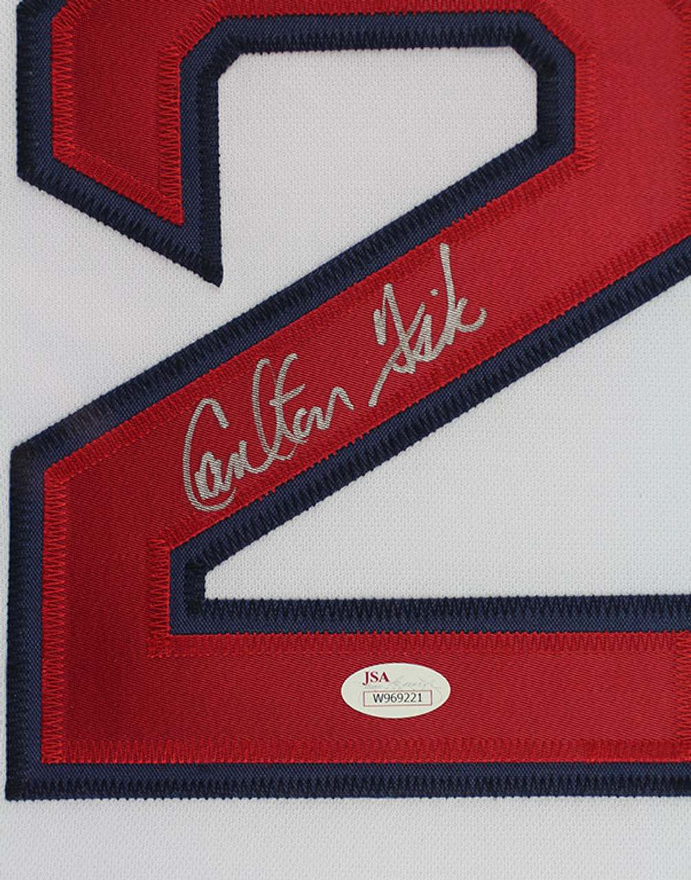 Carlton Fisk Autographed and Framed White Pinstripe Red Sox Jersey