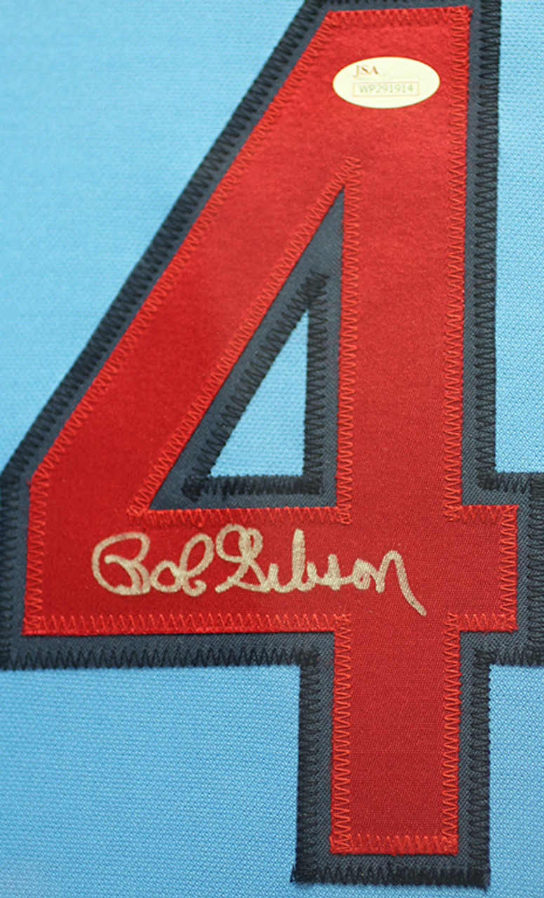 Bob Gibson Autographed and Framed Blue St. Louis Cardinals Jersey Auto JSA  COA