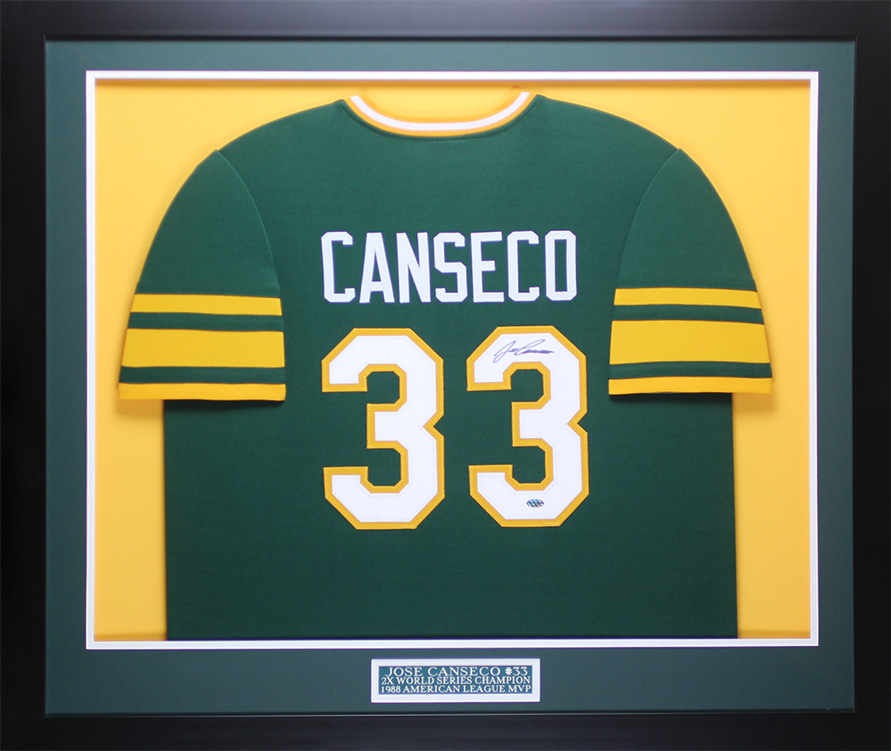 Jose Canseco Autographed & Framed Green A's Jersey Auto Leaf COA D1-M