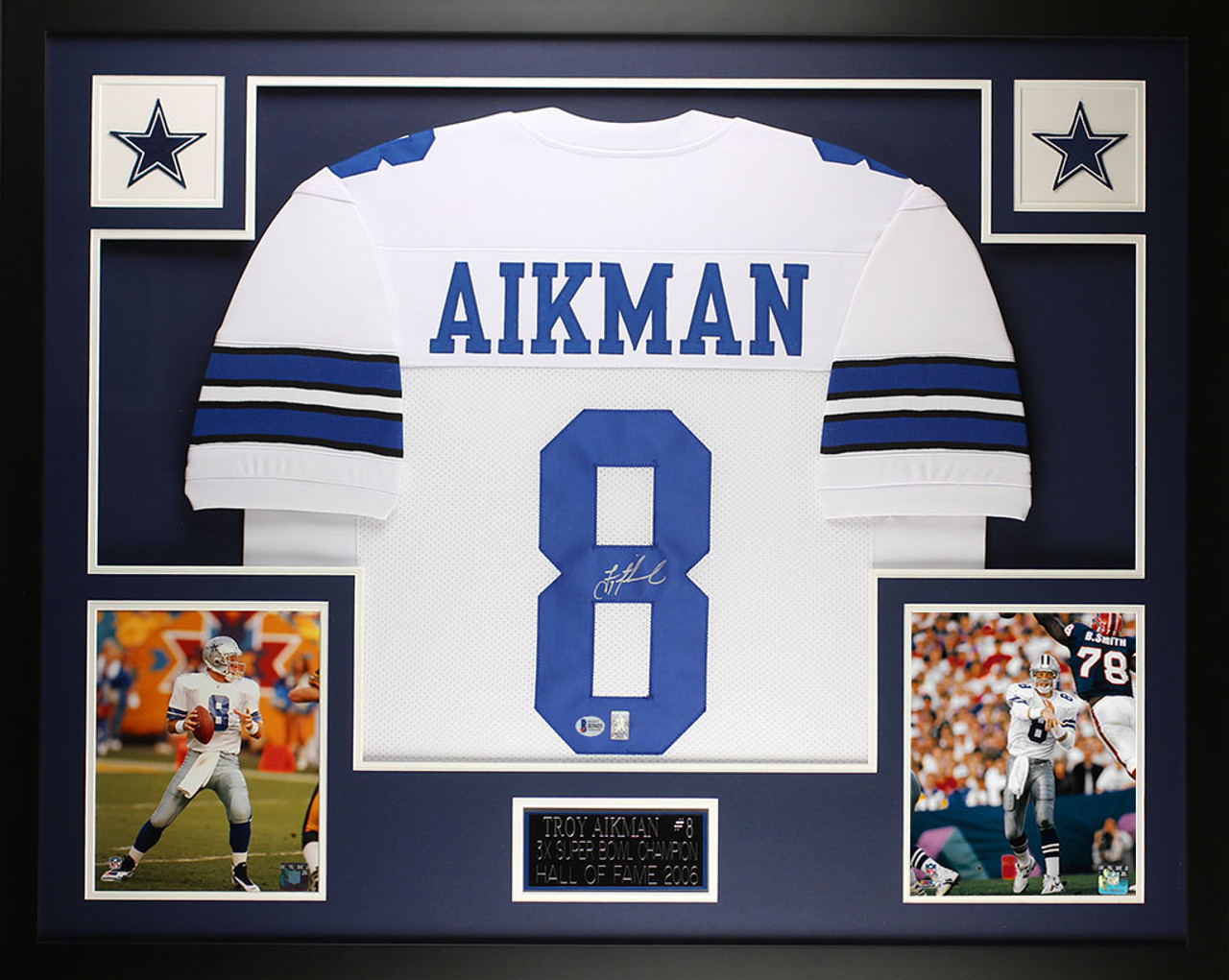 Troy Aikman Autographed and Framed Blue Cowboys Jersey Auto Beckett Cert