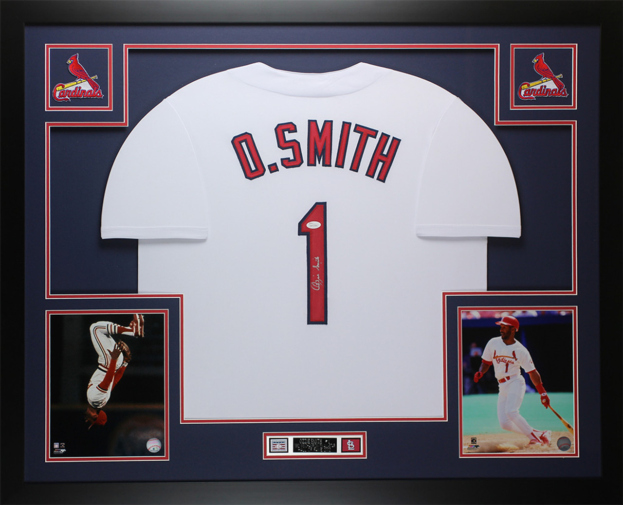 Ozzie Smith Autographed and Framed White Cardinals Jersey