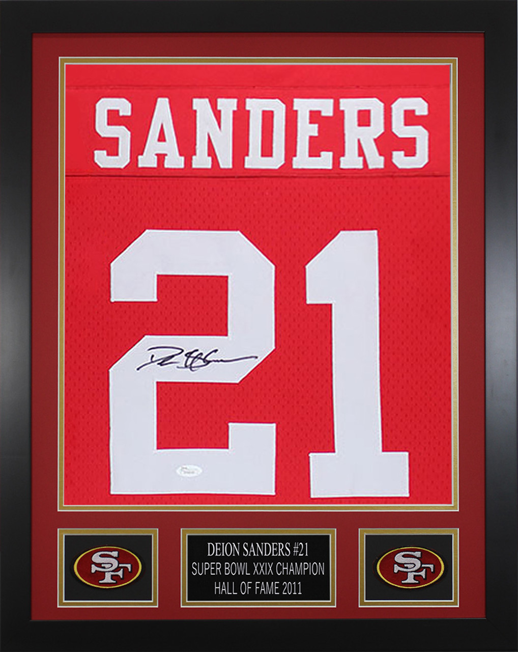 Deion Sanders Autographed and Framed Red San Francisco 49ers Jersey