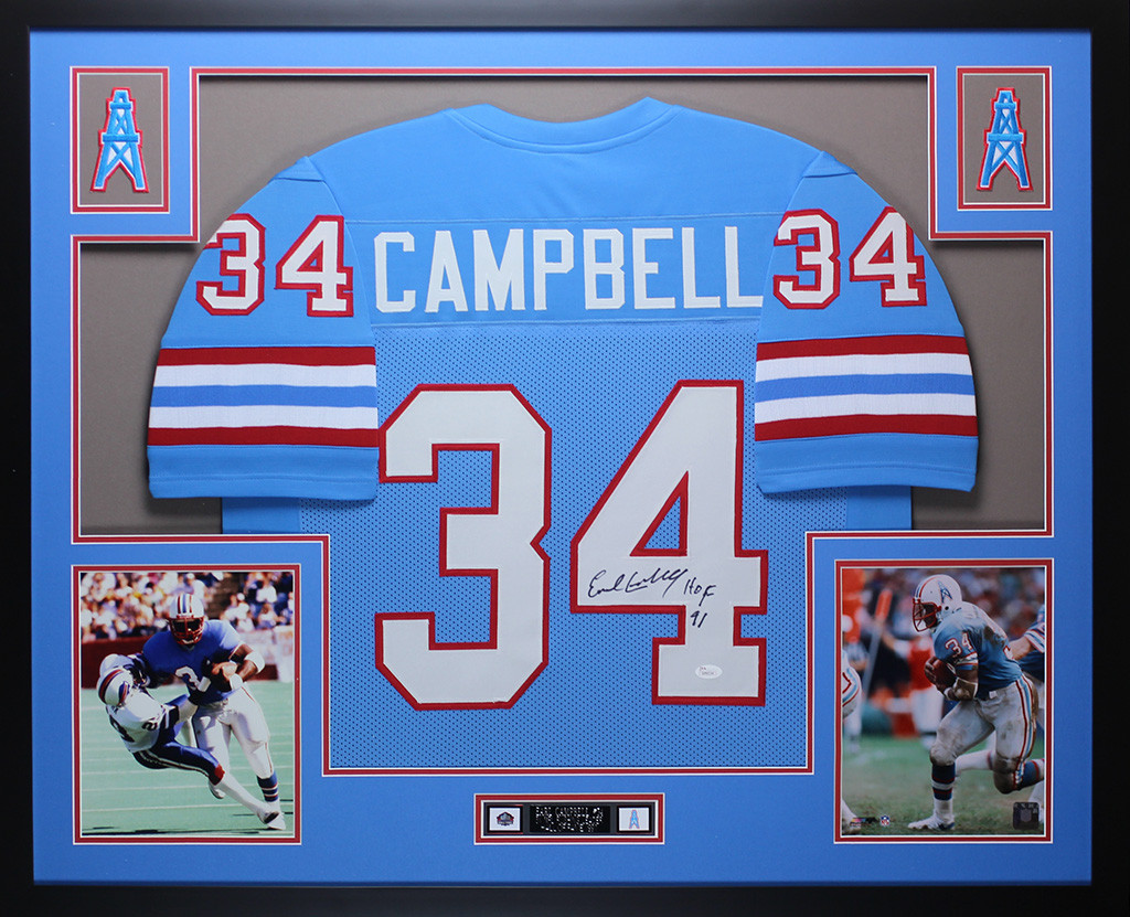 Earl Campbell Autographed HOF 91 and Framed Blue Oilers Jersey