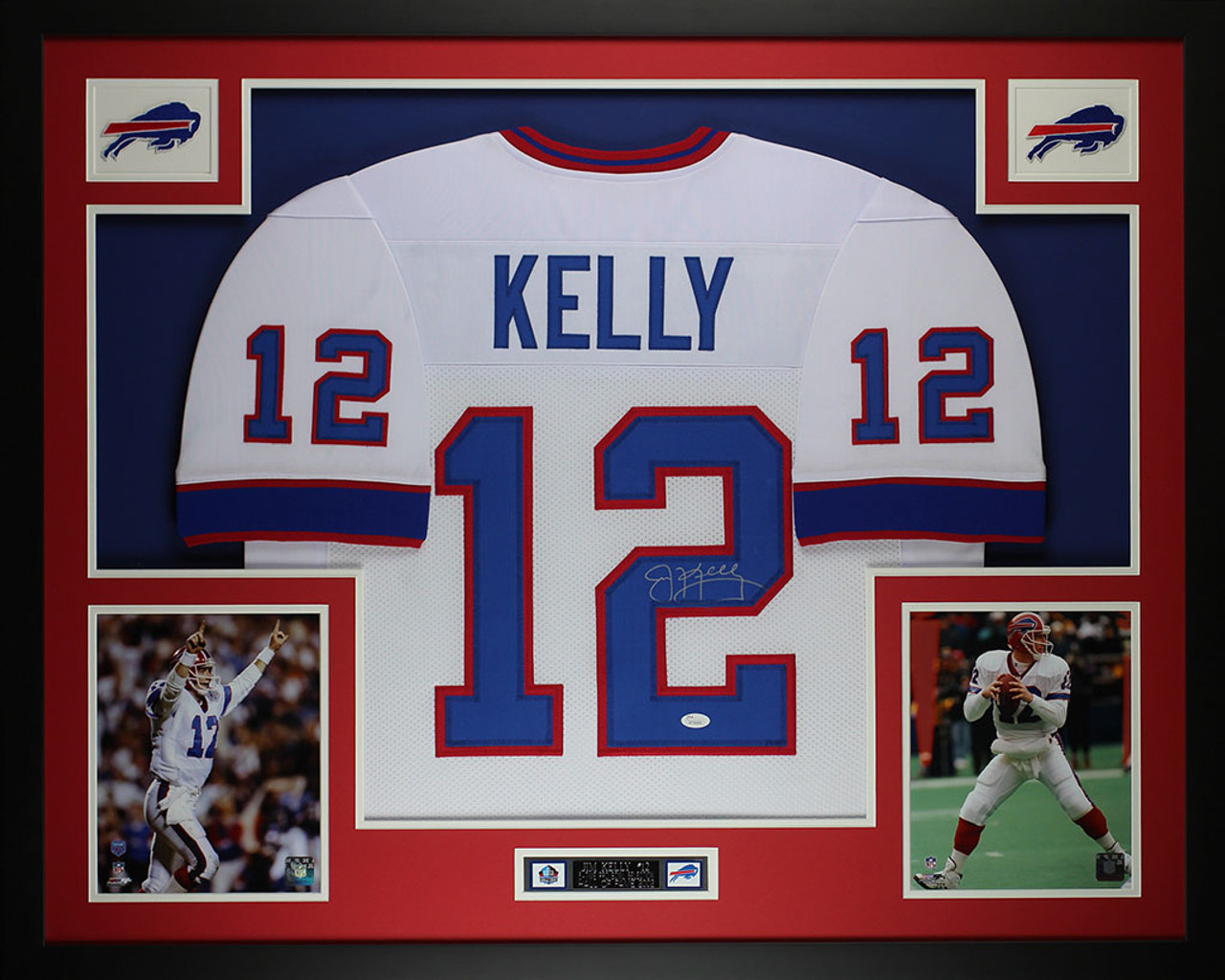 Jim Kelly Autographed HOF 02 and Framed White Bills Jersey