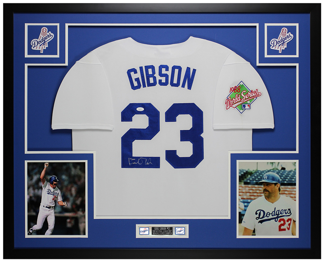 Kirk Gibson Autographed & Framed White Dodgers Jersey Auto JSA COA