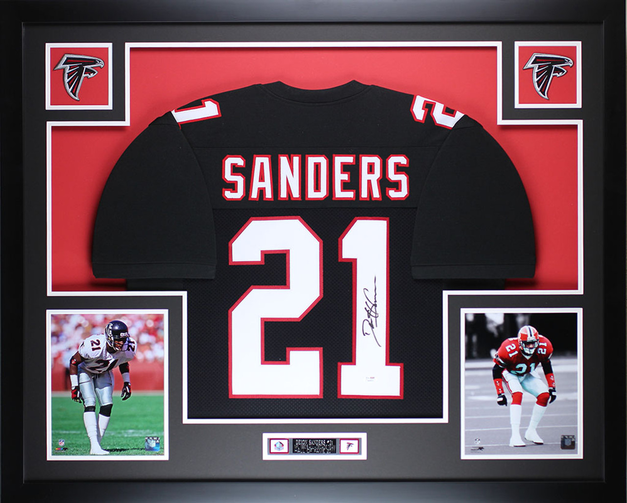 Deion Sanders Autographed and Framed Black Falcons Jersey