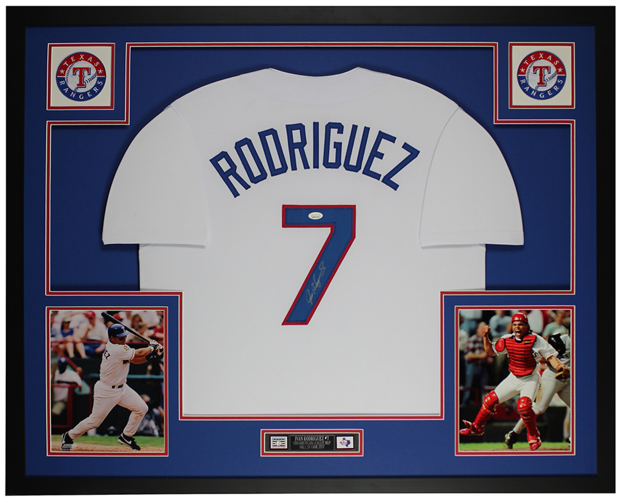 Ivan Pudge Rodriguez Autographed & Framed White Rangers Jersey JSA COA