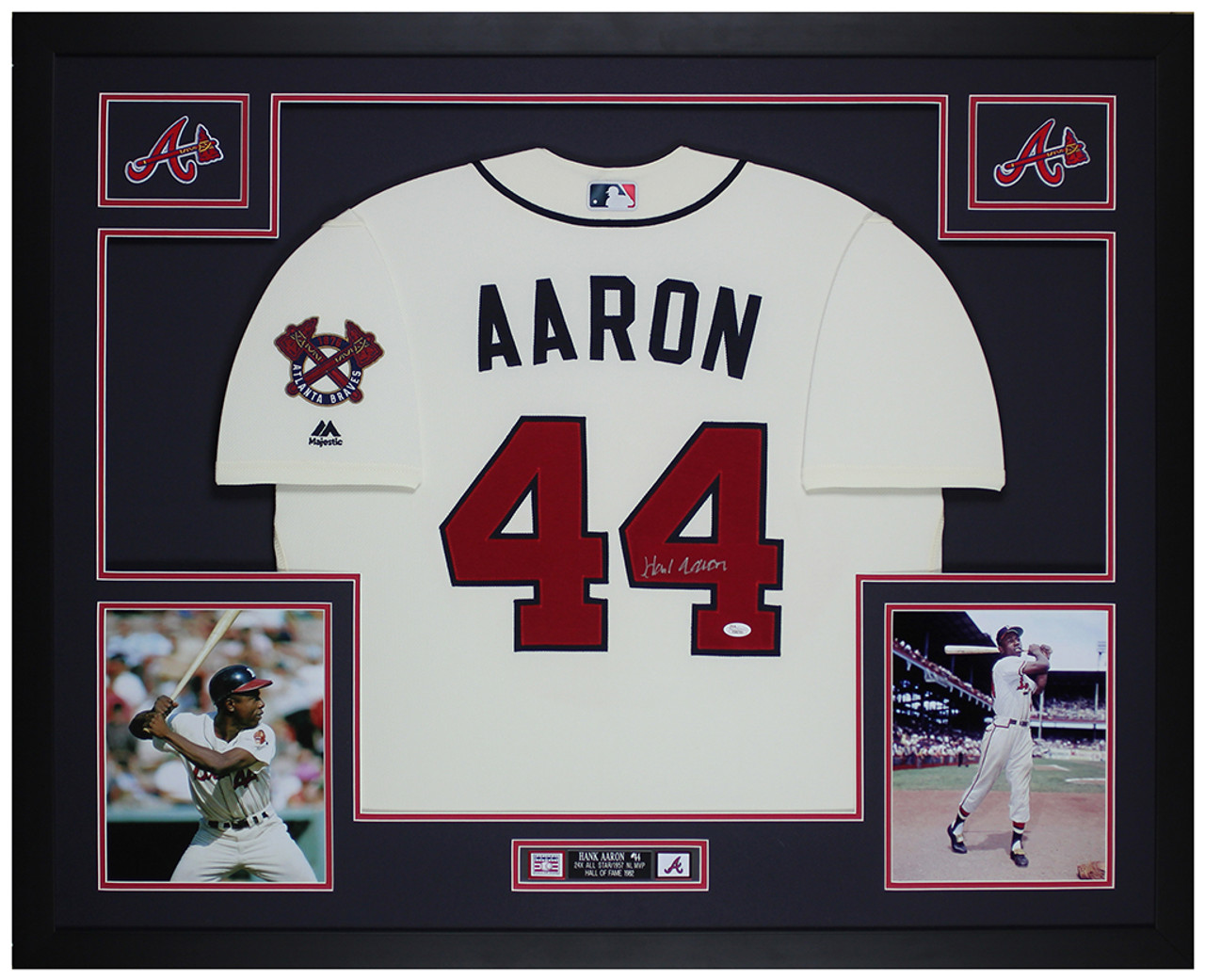 Hank Aaron Autographed and Framed Cream Atlanta Braves Jersey Auto JSA Cert