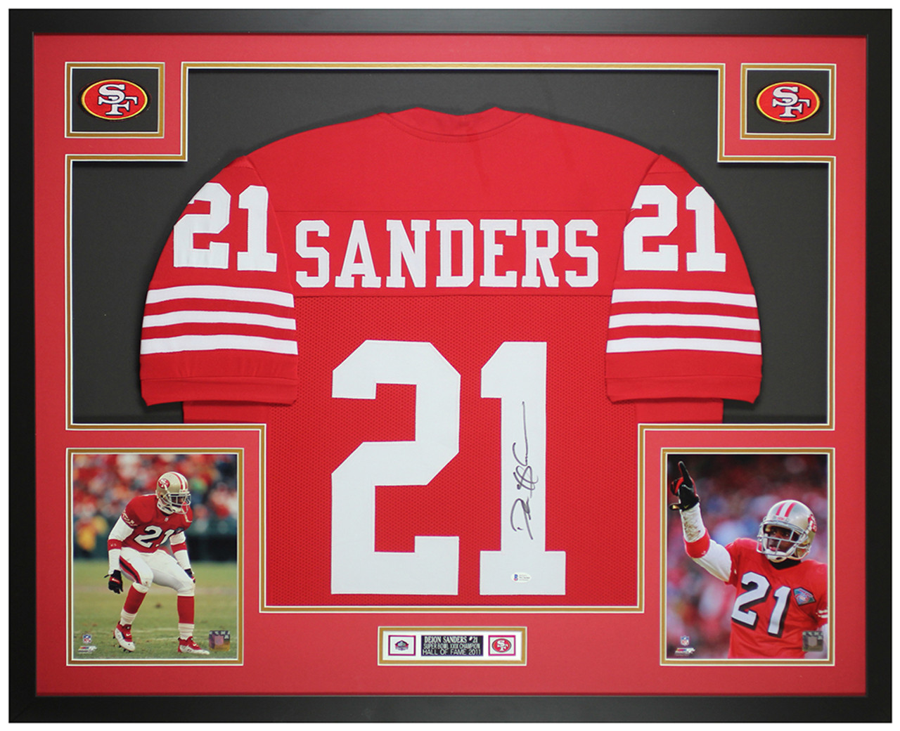 Deion Sanders Autographed and Framed Red 49ers Jersey Auto Beckett COA