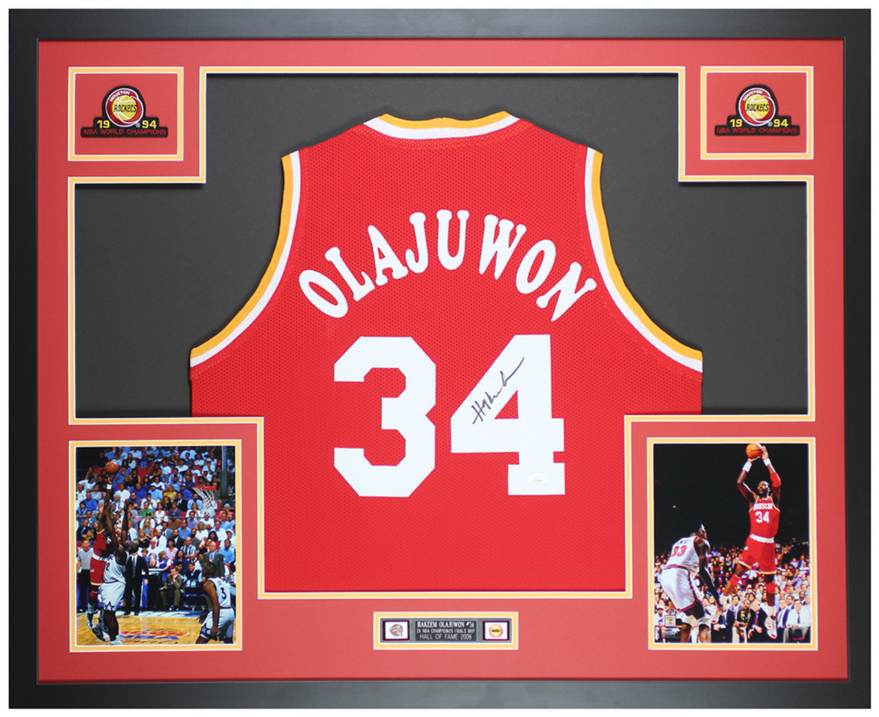 Houston Rockets Hakeem Olajuwon Autographed Framed Red Jersey JSA