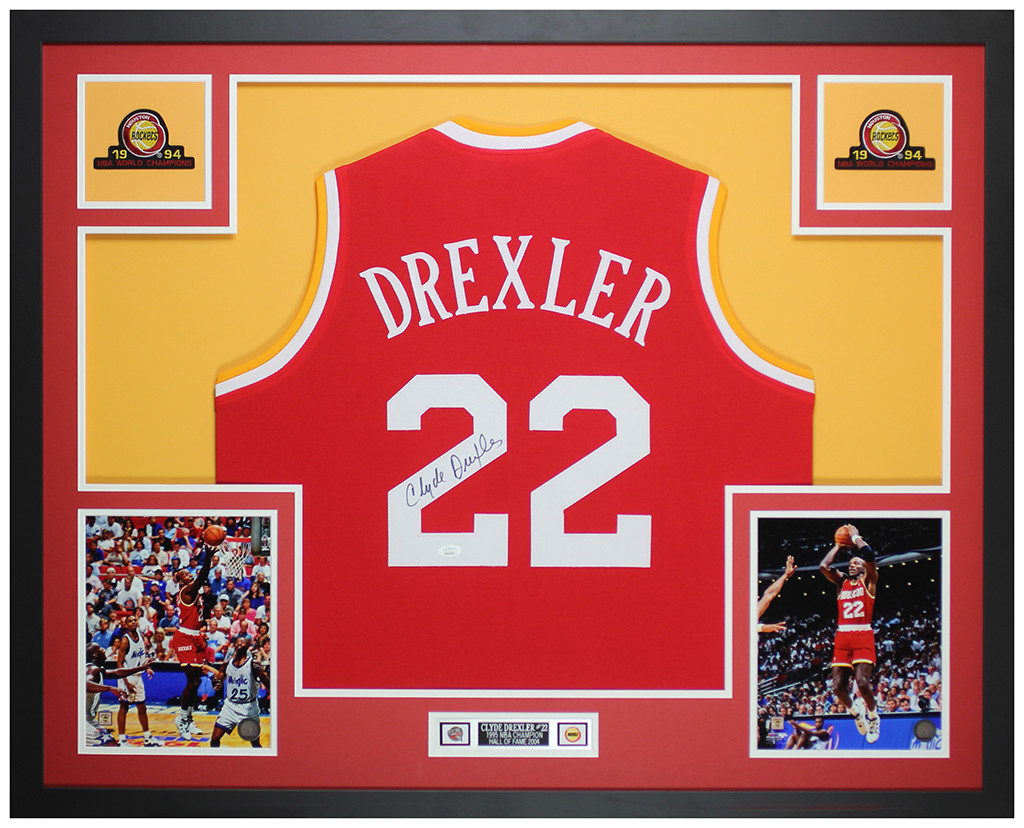 Clyde Drexler Autographed and Framed Houston Rockets Jersey