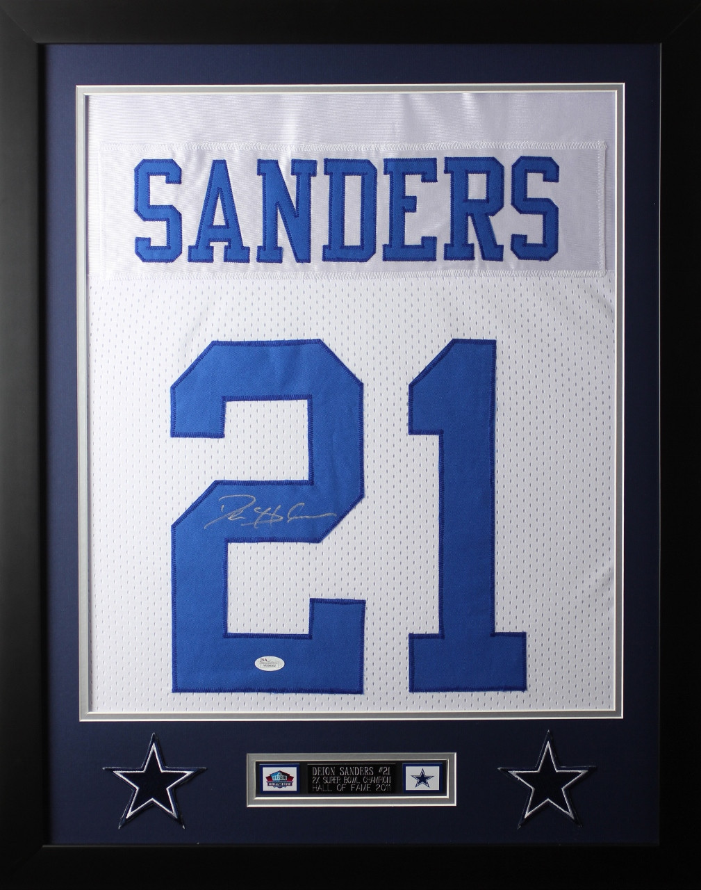 Deion Sanders Framed and Autographed White Cowboys Jersey (24x30)