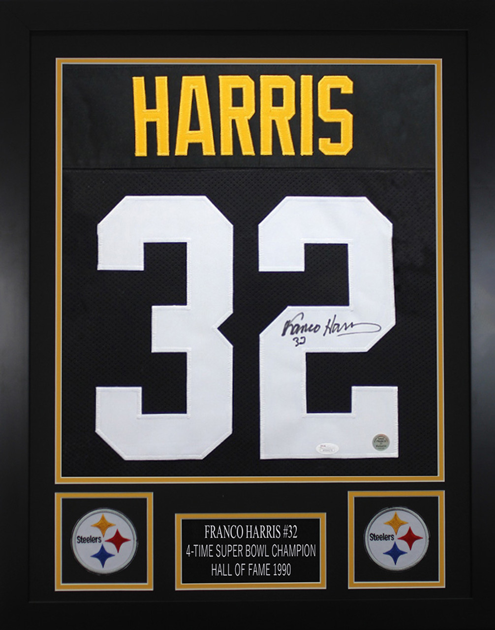 Franco Harris Framed and Autographed Black Steelers Jersey JSA (24'x30')