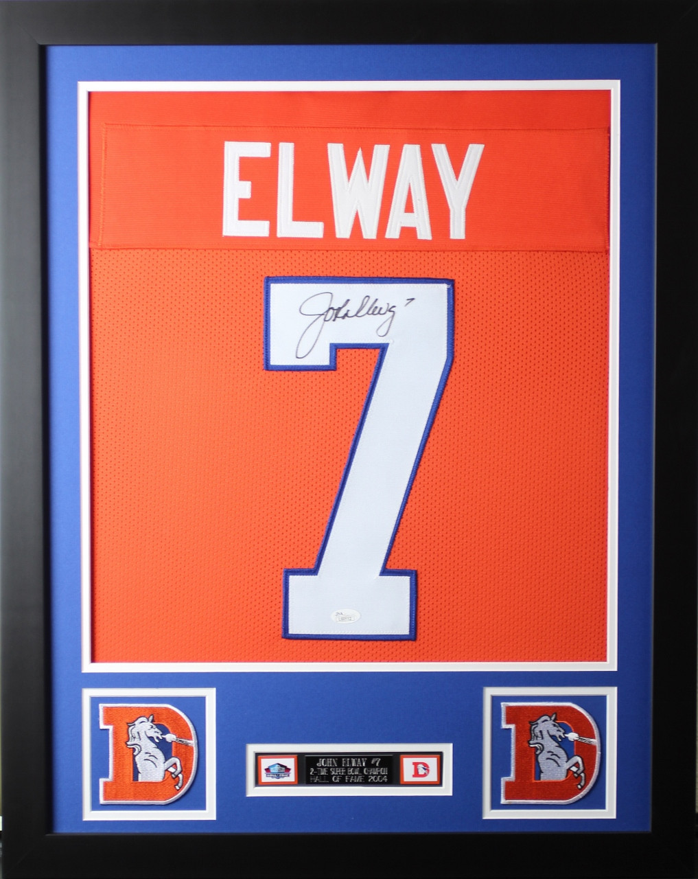 John Elway Framed and Autographed Orange Broncos Jersey Auto JSA (24'x30')