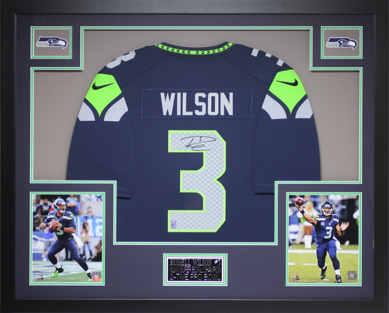 Russell Wilson Autographed and Framed Navy Seahawks Jersey