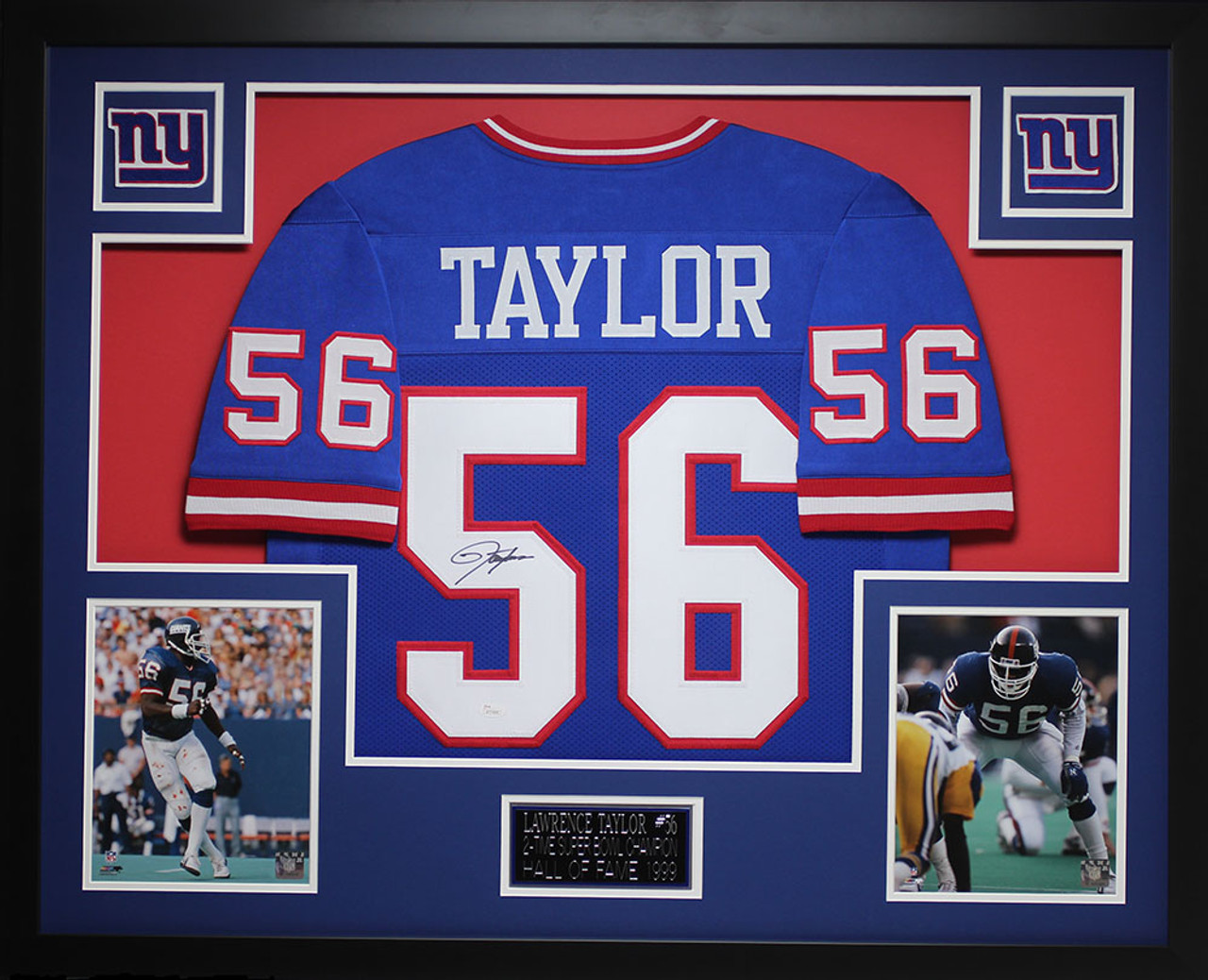 Framed Autographed/Signed Lawrence Taylor 33x42 New York Blue Football  Jersey JSA COA