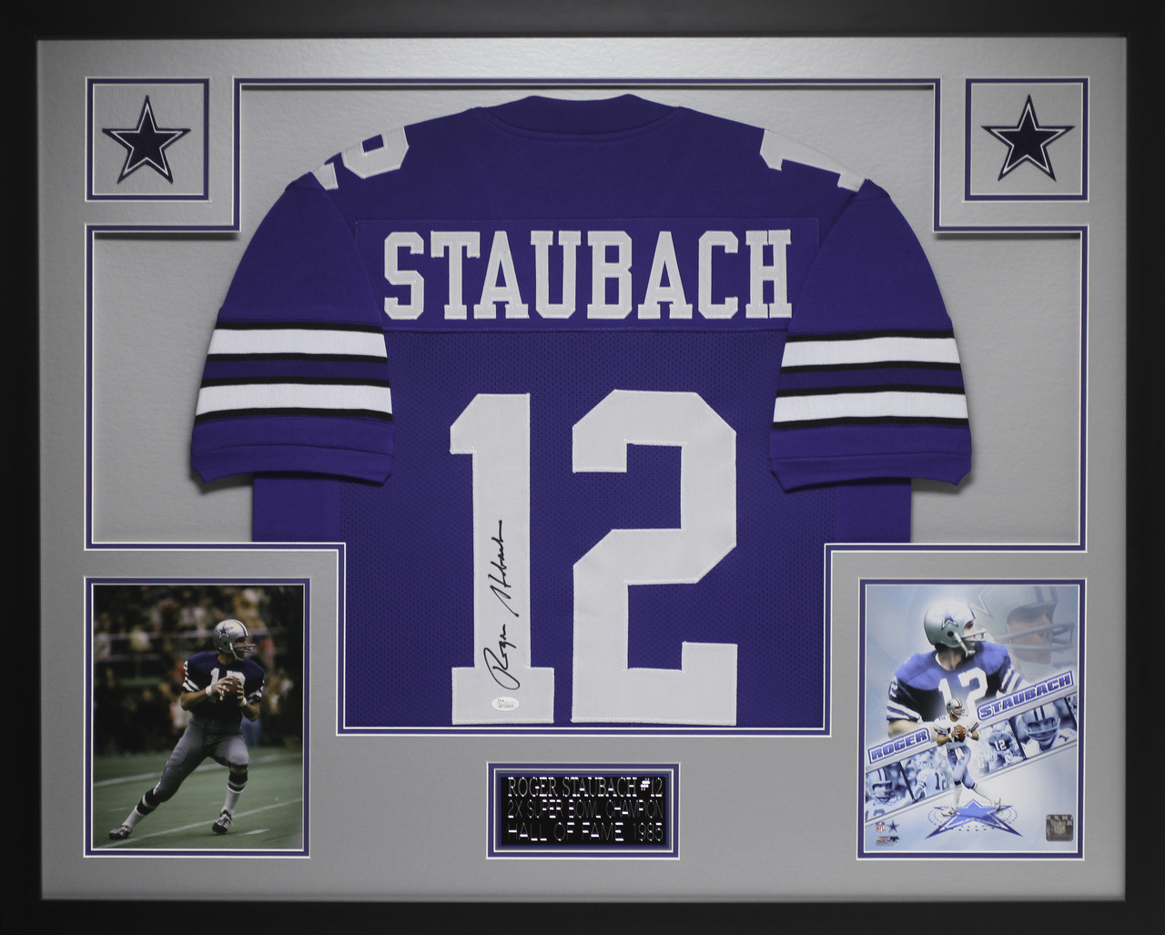 Roger Staubach Autographed and Framed Blue Cowboys Pro Style Jersey