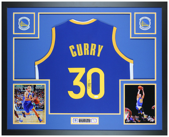 Steph Curry Autographed and Framed Blue Golden State Jersey JSA COA Steph Curry Autographed and Framed Blue Golden State Jersey JSA COA
