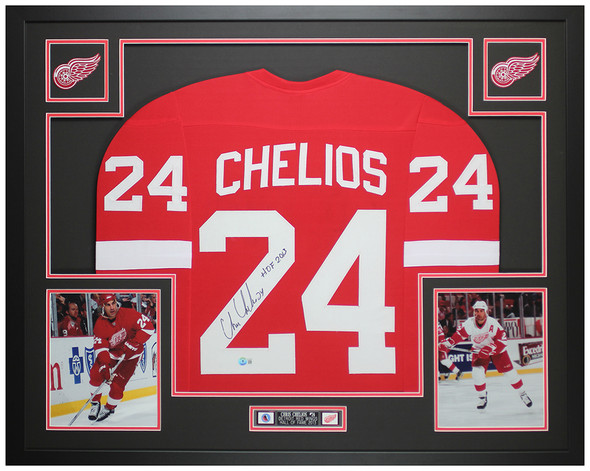 Chris Chelios Autographed HOF 13 & Framed Red Detroit Jersey Beckett COA