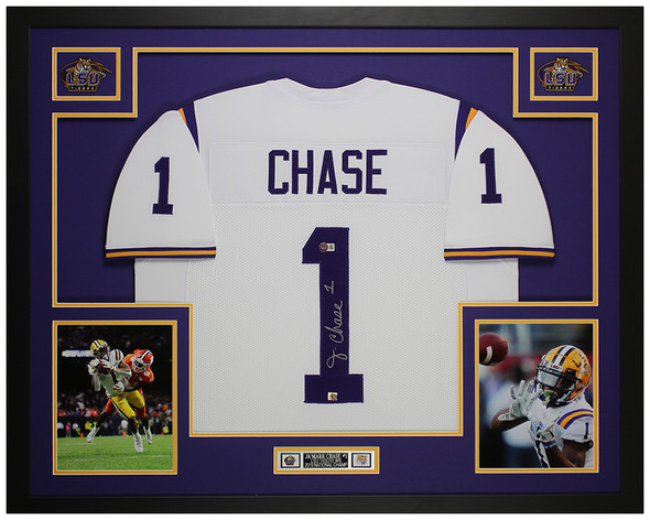 JaMarr Chase Autographed and Framed White LSU Jersey Auto Beckett COA