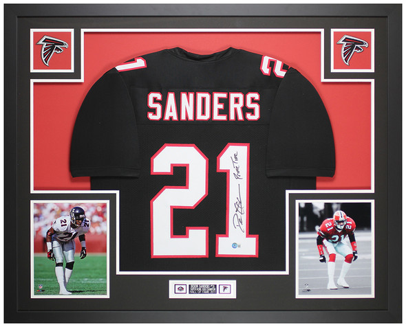 Deion Sanders Autographed and Framed Black Atlanta Jersey Auto Beckett COA