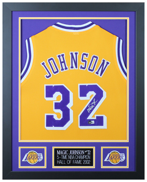 Magic Johnson Signed 35x43 Custom Framed Jersey (Radkte COA) (See  Description)