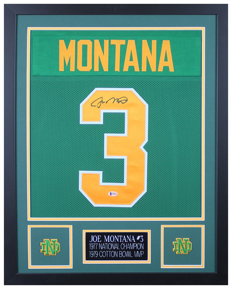 Joe Montana Autographed and Framed Green Notre Dame Jersey Auto Beckett COA