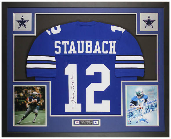 Roger Staubach Autographed and Framed Blue Dallas Jersey Autograph Beckett Cert