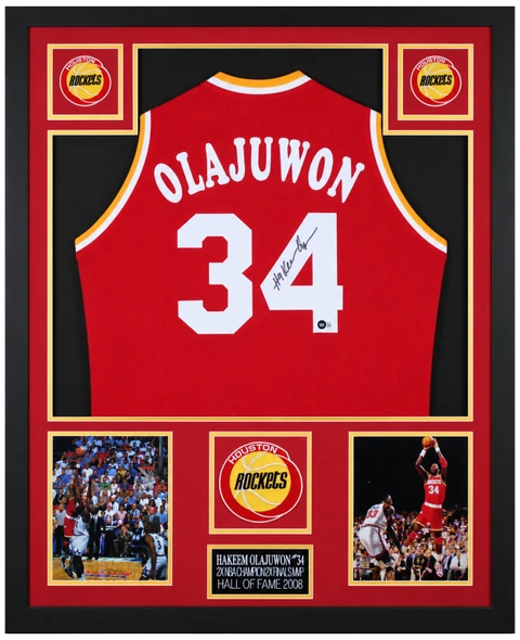 Hakeem Olajuwon Autographed & Framed Red Houston Jersey Auto Beckett COA