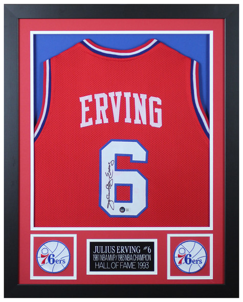 Julius Erving Autographed and Framed Red Philadelphia Jersey Auto Beckett Cert