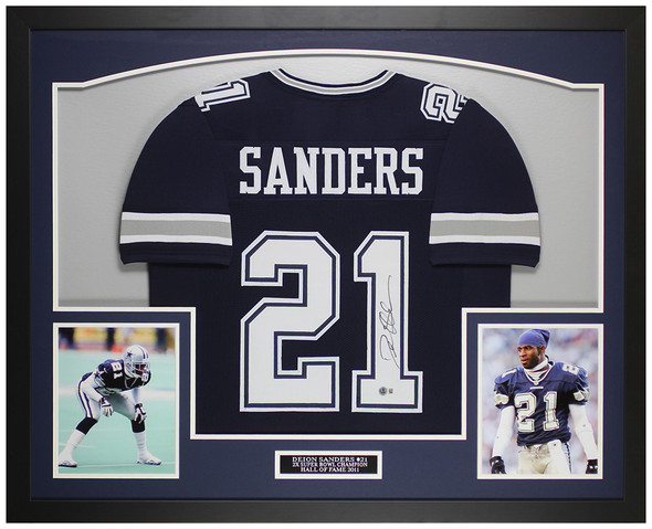Deion Sanders Autographed & Framed Blue Dallas Jersey Auto Beckett Certified