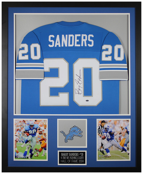 Barry Sanders Autographed & Framed Blue Detroit Jersey Auto Schwartz Certified